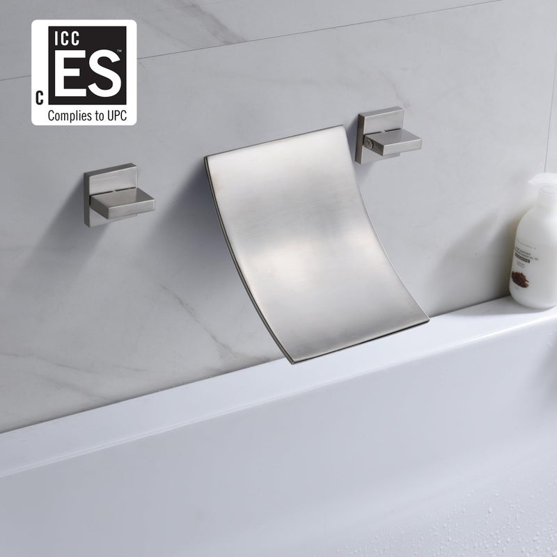 SUMERAIN Wall Mount Waterfall Tub Faucet 3 Hole Brushed Nickel Bathtub Faucet, Extra High Flow Rate - Image 2